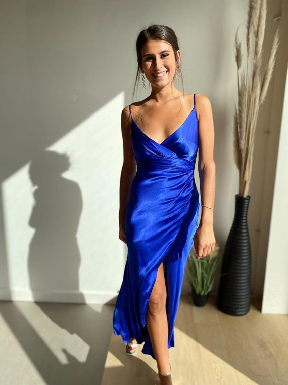 Zijden jurk met split en dunne bandjes - Koningsblauw | Anne Sophie