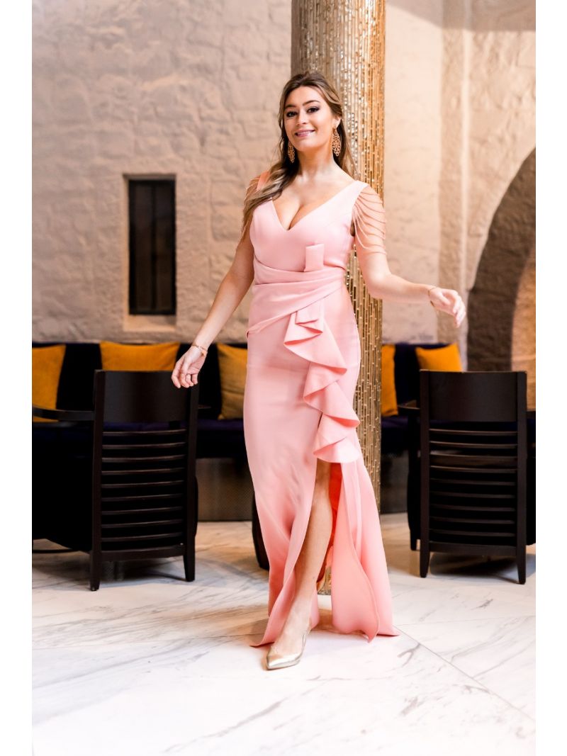breuk Metropolitan zwaar Lange roze jurk - parels op de schouders | Anne Sophie