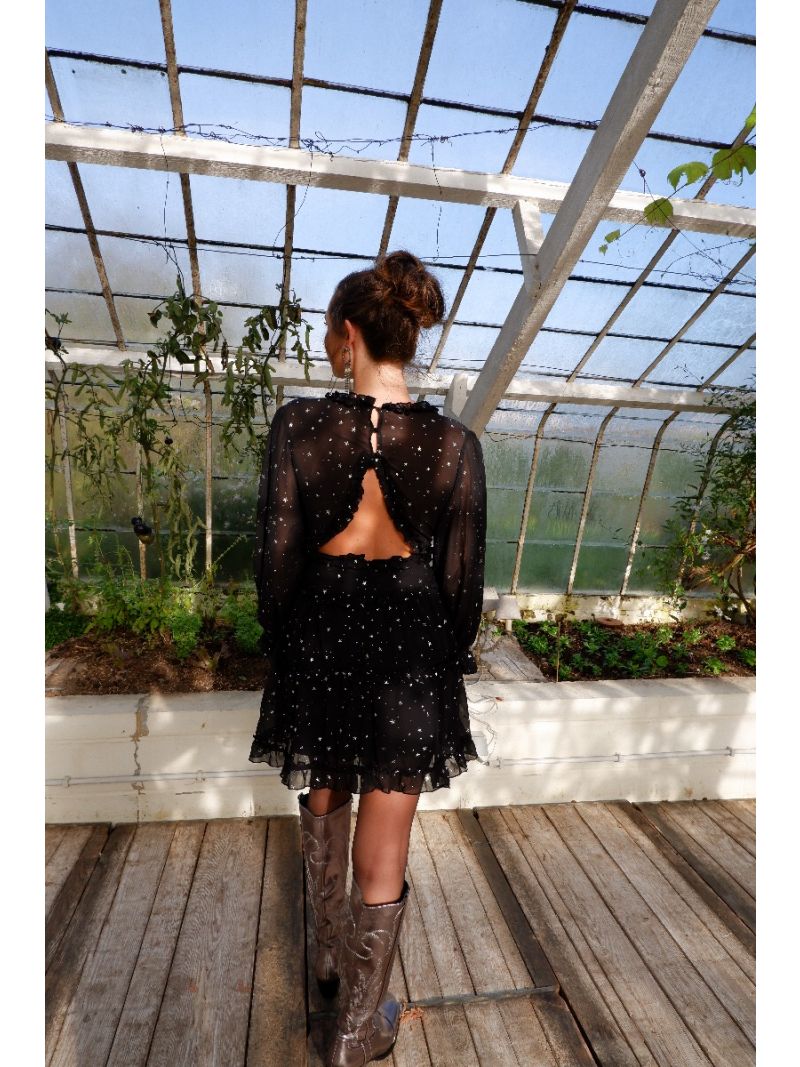 Begraafplaats Lodge haakje Korte jurk met sterren en lange mouwen - Zwart | Anne Sophie