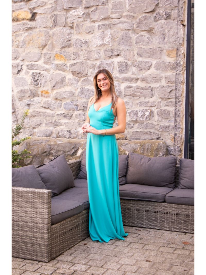 Lange turquoise jurk met vetersluiting op de rug | Anne Sophie