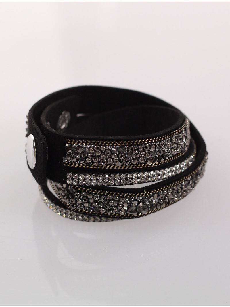 Bracelet Multi-Rangs Cuir Noir et Strass